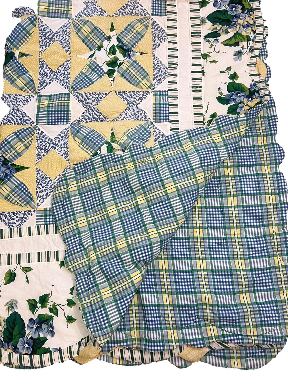 Vtg Plaid Ivy Ditsy Floral Quilt Hand Quilted 82x66” Cotton